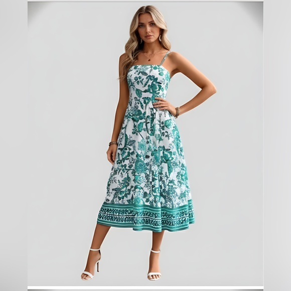 Boho Floral Cami Shirred Dress Turquoise - Picture 1 of 8